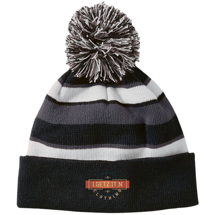 Igetzitn Clothing Logo Striped Beanie with Pom
